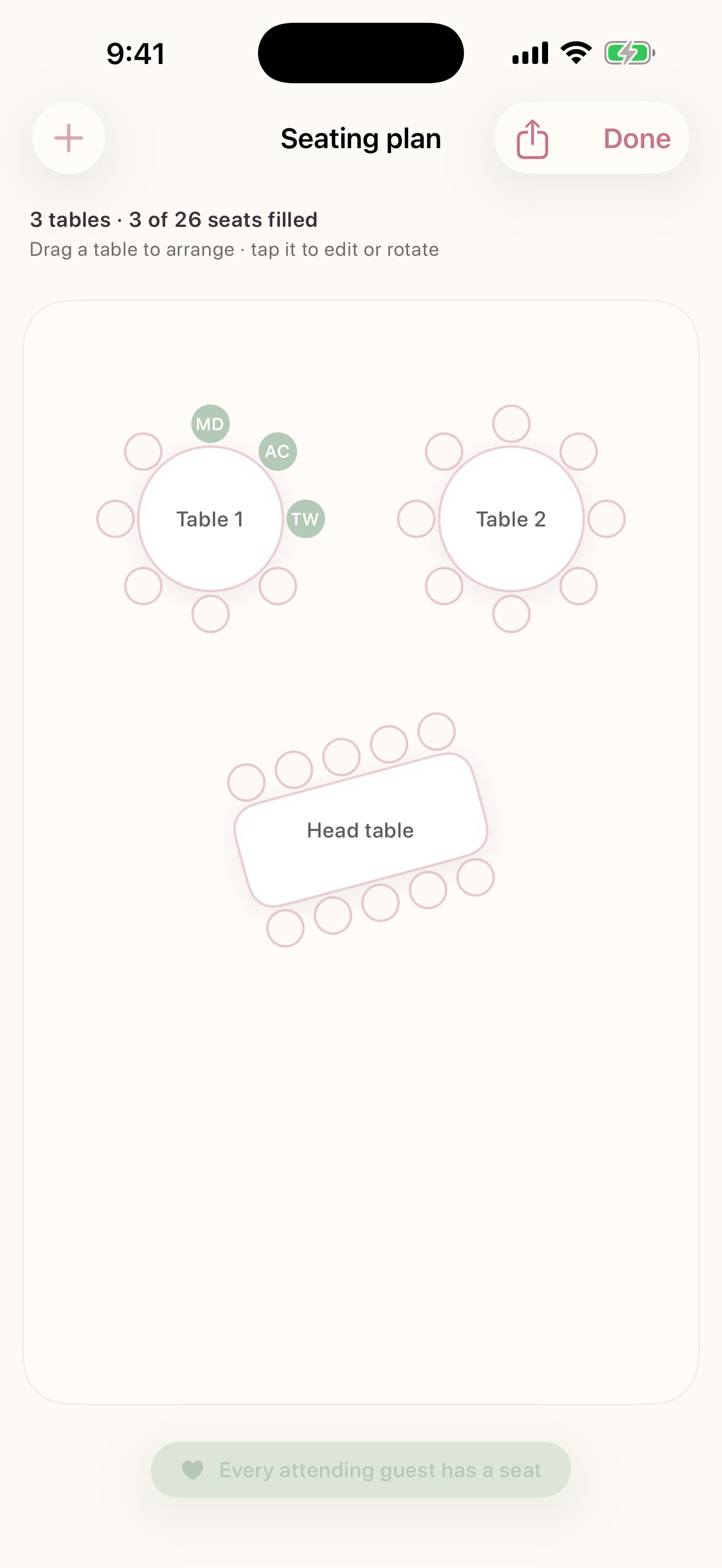 Tied in Bloom seating chart screen